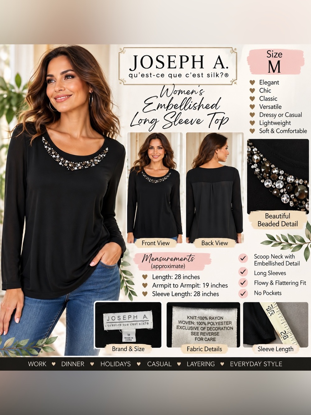 Joseph A Black Long-Sleeve Top with Beaded Neckline